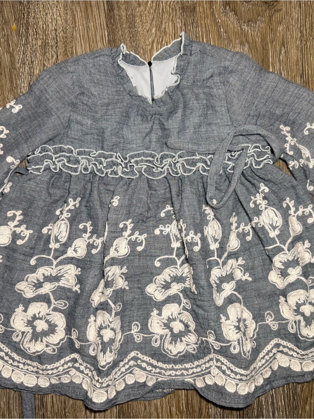 Toddler Girls blue/Gray Embroidered Ruffle Waist Dress Top